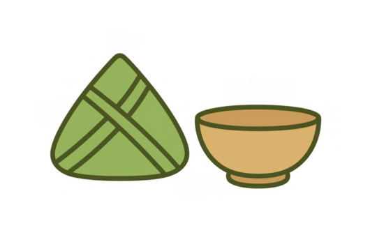 Zongzi, a traditional sticky rice dumpling wrapped in bamboo leaves, next to an empty bowl. Asian cuisine and culture - Powered by Adobe