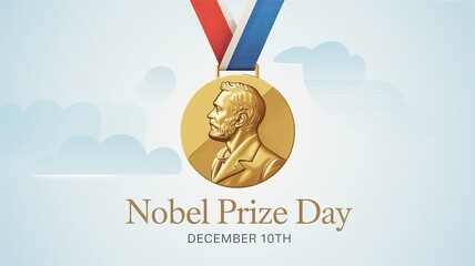 Nobel Prize Day – golden Nobel medal with red, white and blue ribbon on light background, December 10th