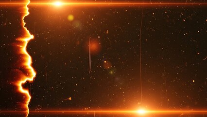 Abstract background with glowing orange light flares, dust particles, and a vintage film burn effect on a dark backdrop.