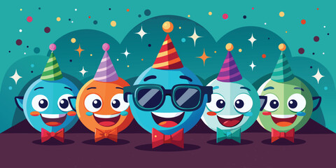 Happy cartoon characters wearing party hats and bow ties celebrating