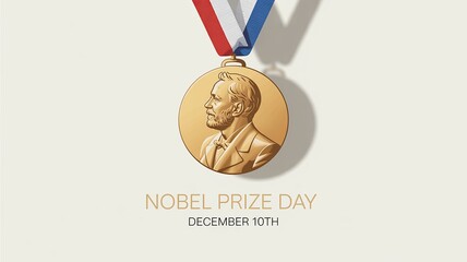 Nobel Prize Day – golden Nobel medal with red, white and blue ribbon on light background, December 10th
