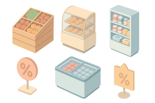 Pastel Grocery Icons. Isometric vector illustration set of retail department visuals: fruits and veggies display, bakery oven case