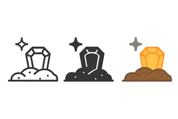 Naklejka premium Forest Treasure Icons. three minimal vector icons of a sparkling gem or coin found on earthy forest ground, line outline style,