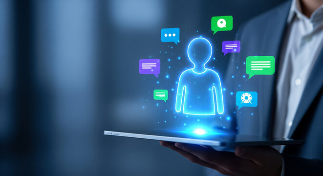 Glowing holographic virtual assistant icon above modern tablet illustrating interactive communication, digital messaging intelligence, and futuristic user experience technology - Powered by Adobe
