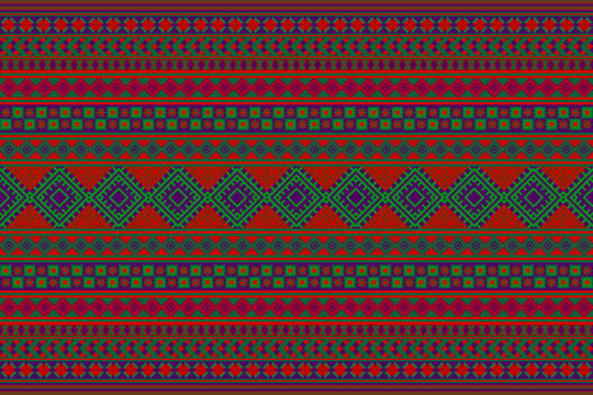 Hmong ethnic fabric, seamless geometric vector pattern, purple, green, red,ideal for textile prints, packaging,wallpaper,wrapping paper,carpet,and digital graphic design projects