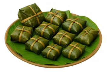 Banh chung, savory vietnamese rice cakes, presented on a banana leaf a traditional asian food for tet, with a transparent background