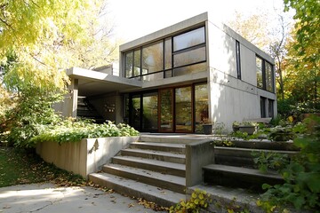 A stylish cubic house with concrete and glass elements, emphasizing angular shapes and minimalistic design, offering a modern living space 