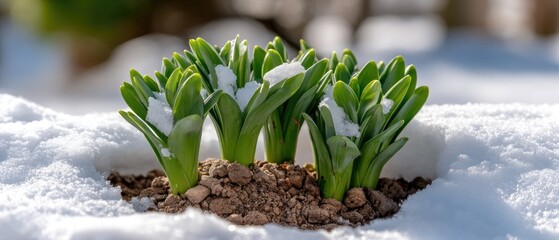 Young green shoots of lily or snowdrop flowers emerge from snow with sunlight shining through in early spring