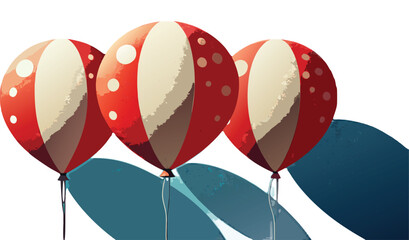 Three red and white striped balloons with polka dots and shadows