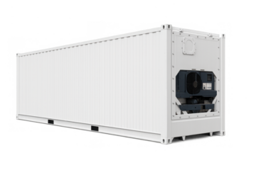 White reefer container with refrigeration unit for global marine cargo shipping and cold chain logistics system