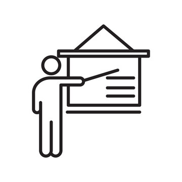 Crisp white icon of presentation a minimalist teacher delivering knowledge via pointer in a modern clean design on a
