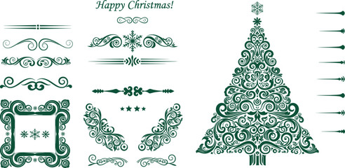 Elegant christmas ornaments and decorations in green on white background