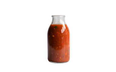 Glass bottle filled with red sauce isolated on transparent background