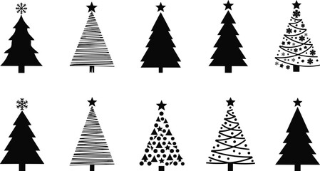 Fototapeta premium Collection of black christmas trees on white background for decoration