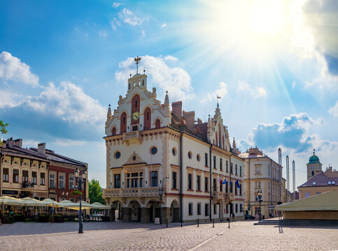 Town Hall on Main Square in Rzeszow, regional capital of Podkarpackie voivodeship, Poland at sunny day. Rzeszow Town Hall is the most famous tourist attraction in the city.