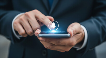 Business professional tapping illuminated bell notification icon on smartphone, symbolizing alerts, reminders, digital communication, productivity, and mobile technology efficiency.