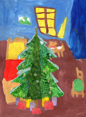 Christmas and New Year's gifts under the Christmas tree in the wooden house. Hand drawn Watercolor and Gouache painting