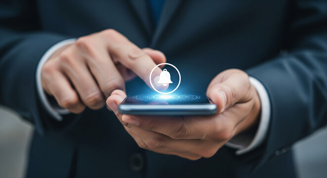 Business professional tapping illuminated bell notification icon on smartphone, symbolizing alerts, reminders, digital communication, productivity, and mobile technology efficiency.