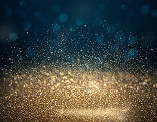 Shimmering gold glitter texture on a dark blue backdrop with bokeh lights for a festive celebration concept