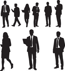 Black silhouettes of business people in suits with devices and documents women vector illustration EPS file download.

