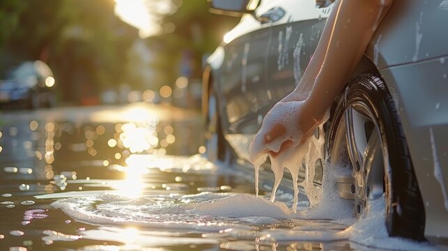 Captivating slow motion footage of hand washing a car with precise techniques and care