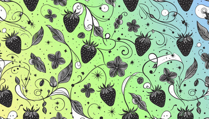 seamless floral pattern with strawberries and stars in a black and colorful gradient