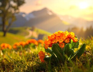 Vibrant orange primroses blooming in alpine meadow at sunrise, idyllic scene
