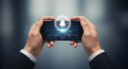 Hands holding smartphone displaying bright bell alert icon, emphasizing digital notifications, mobile communication, reminders, and modern connectivity through technology.