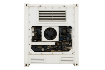 Reefer container refrigeration unit cooling mechanism for cargo transport on transparent background