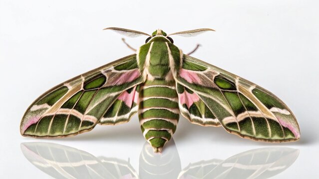 Macro studio portrait of a vibrant Oleander Hawk Moth (Daphnis nerii) with intricate green camouflage wings, isolated on white.