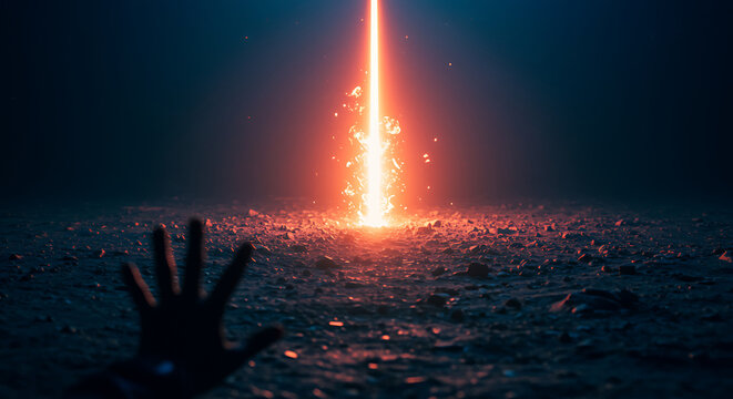 Futuristic beam of light reaching down from the sky in darkness