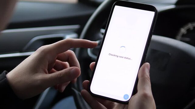 Accessing judicial system information digitally. Hands use an egovernment or legal tech service to retrieve detailed case data (judge, hearing date). Represents transparency, digitalization of public