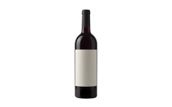 Dark glass wine bottle with blank label isolated on transparent background