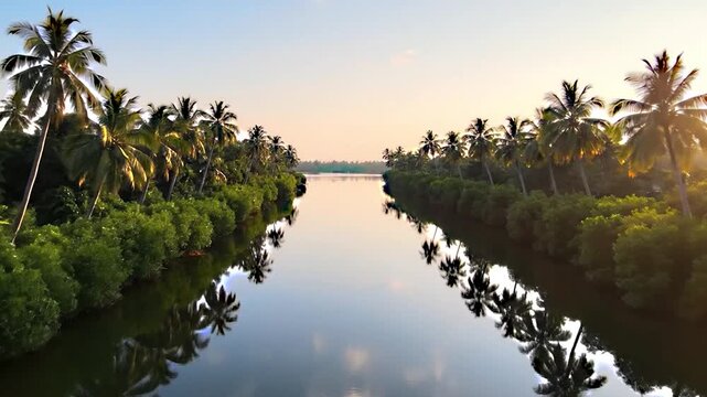 sunset over the river, back waters 4k footage in sunset with coconut trees, nature footage beautiful and peaceful drone shots footage