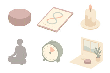 Daily Meditation Essentials. Isometric vector illustration set of daily meditation tools: yoga cushion, breathing guide chart,
