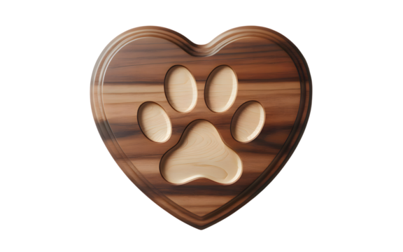 Wooden heart shaped paw print isolated on transparent background