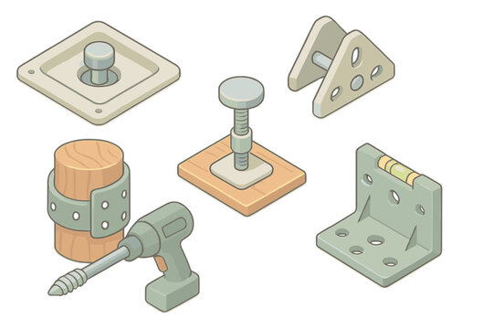 Treehouse Hardware Icons. Isometric vector illustration set Professional treehouse building hardware: recessed bolt housing plate,