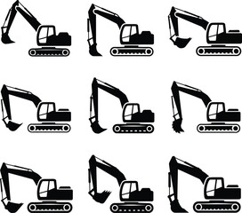 Excavator heavy construction equipment machinery vector icon set