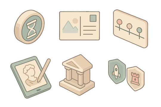 Temporal Adventure Icons. Isometric vector illustration set of temporal adventure collection: futuristic coin, vintage postcard,