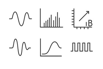 Obraz premium Acoustic Signal Icons. Line style icons of acoustic signal types: waveform graph, frequency spectrum, decibel scale, time-domain