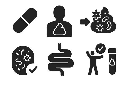 Fecal Transplant Icons. Solid style icons of fecal microbiota transplants: capsule delivery, stool donor symbol, microbiota
