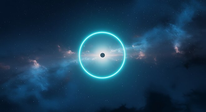 Mystical planet surrounded by nebula with a luminous circle frame - Powered by Adobe