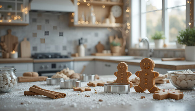 Gingerbread men and baking supplies on a kitchen counter ready for holiday cookie making