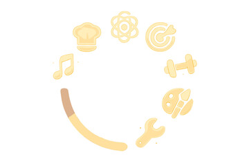 Skill Mastery Badges. a group of small glowing badges representing mastered skills filling a progress ring, lavender and sand