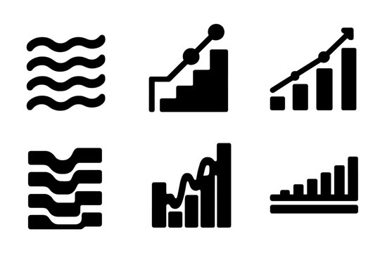 Harmonic Icon Series. Solid style icons of harmonic advancement: cascading progress wave, resonant ladder line, tonal stage