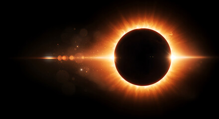 Solar Eclipse with Glowing Corona and Bailys Beads Phenomena on Black Background