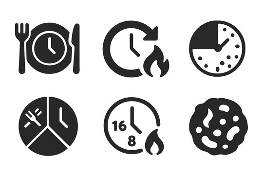 Intermittent Fasting Icons. Solid style icons of intermittent fasting cycles: empty plate with clock, fasting window icon, calorie