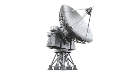Large white satellite dish antenna with complex support structure and access stairs isolated on a transparent background