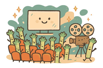 Fototapeta premium Whimsical Miniature Cinema. A miniature cinema scene with tiny joyful celery reels, floating sparkles and soft abstract shapes,
