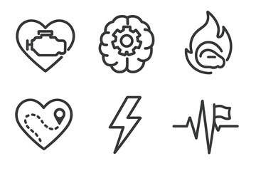 Rally Passion Icons. Line style icons of rally passion symbols: engine heart icon, gear inside brain, rally flame symbol, map